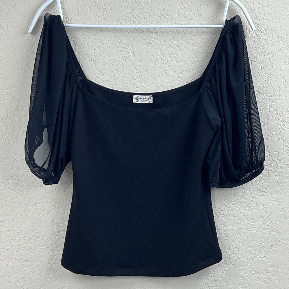 Free People Top Women's‎ Small Black Puff Sleeve Sleeve Cami Square Neck Stretch